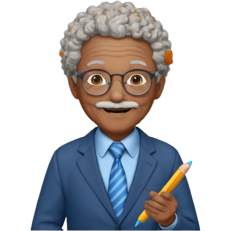 old man teacher, brown skin, curly grey white hai, wearing glasses, brown suit, blue tie hold chalk on hand emoji