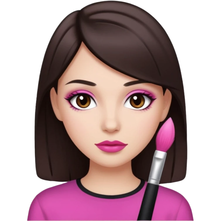 White girl with straight dark brown hair and dark brown eyes, pink lips, "clean girl" makeup  emoji
