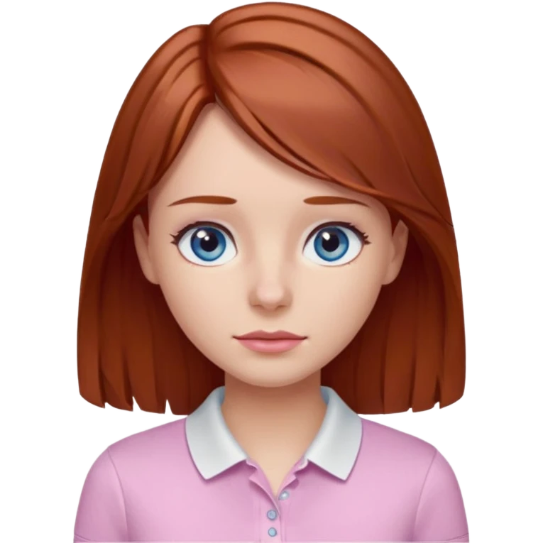 Create emojis of a girl with light brown / dark red hair slightly wavy below the shoulder. Her eyes are gray-blue, her nose is small and straight, and her lips are pink and small. Eyes with long eyelashes. The polo shirt is white. The emoji itself is up to chest level. emoji