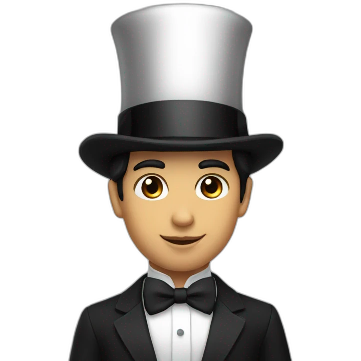 Half body young man white bow tie, black suit and top hat, black hair  emoji