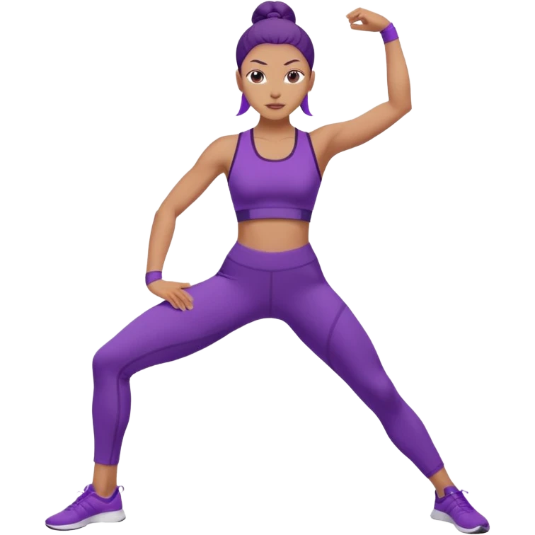A woman dressed in purple performing warrior one pose, sunrise lighting, peaceful and strong vibe. emoji