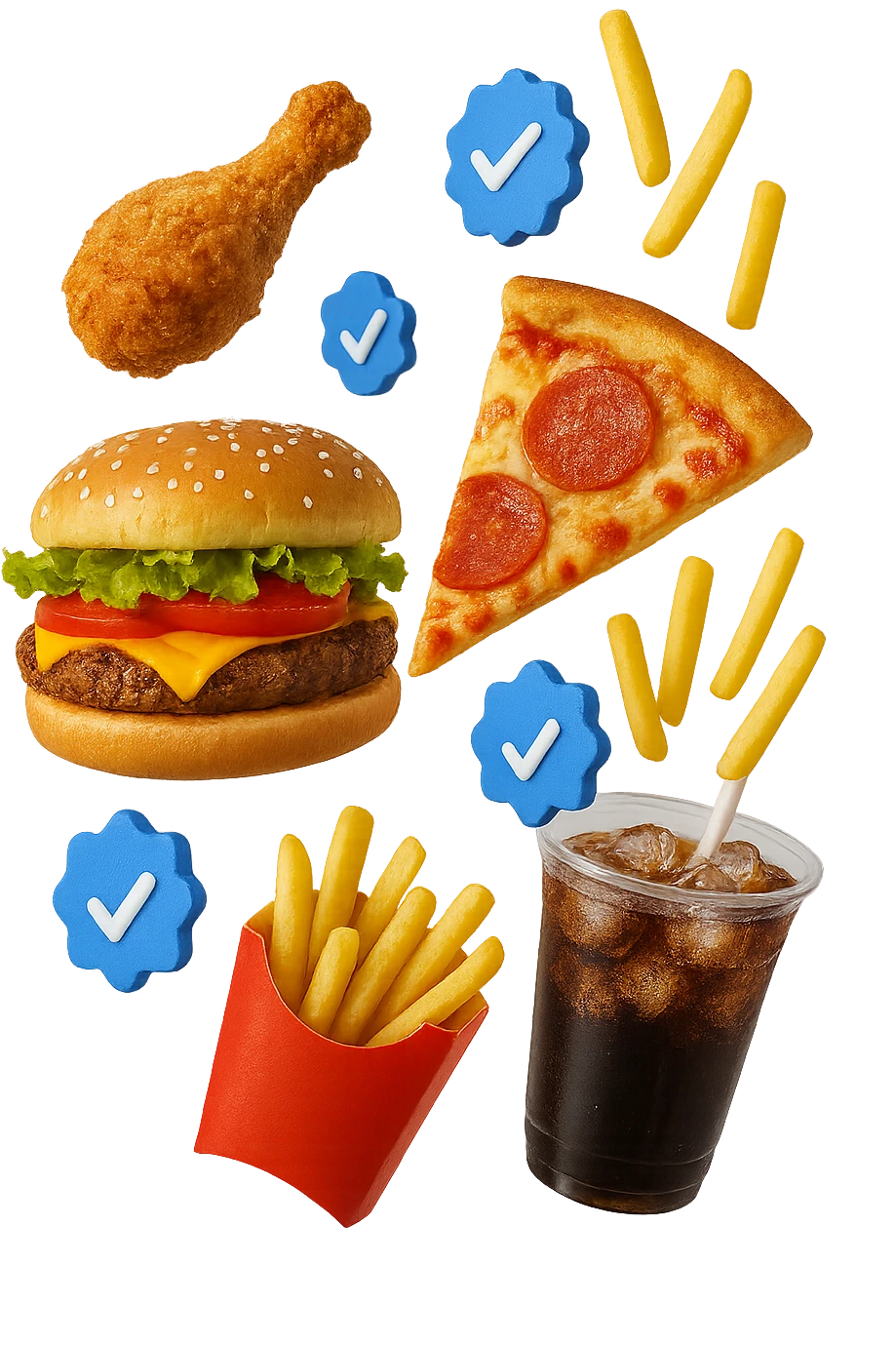 fast food realistico fluttua in aria insieme a spunte di verificato in 3d emoji