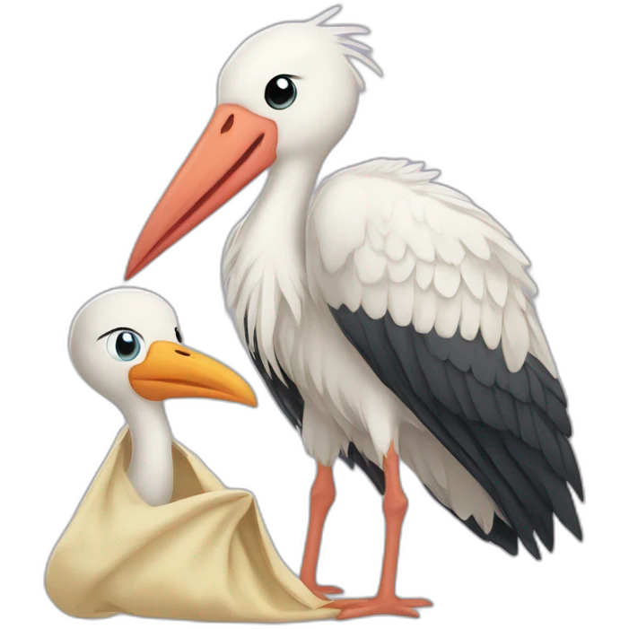 white stork carrying a bundle of cloth in its beak that has a baby human with light skin and dark hair and the baby face is peeking out from the cloths bundle the strok is carrying emoji
