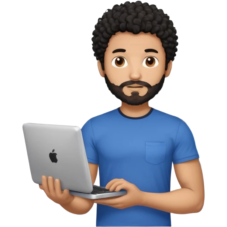 men holding his computer in hands. light brown skin men with curly black hair, dark brown eyes, little grown beard. ust a tiny bit muscular. dressed casual. round face. Dont Apple book  emoji