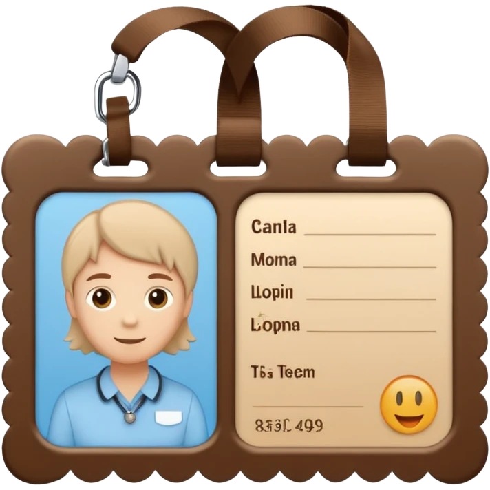 a light blue ID card with a decorative beige scalloped border. The card is attached to a brown lanyard looped at the top. It includes a small square area representing a photo and several horizontal lines indicating text information. emoji