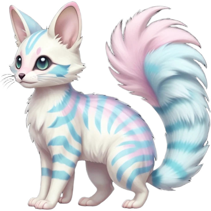  cute adorable whitish pastel fur with random colorful markings iridescent beautiful elegant pretty precious cute young youthful  Fakémon-Pokémon-alien-opossum-feline-serval-caracal-chinchilla-Minccino-hybrid-creature with a big fluffy bushy striped tail (full body) emoji