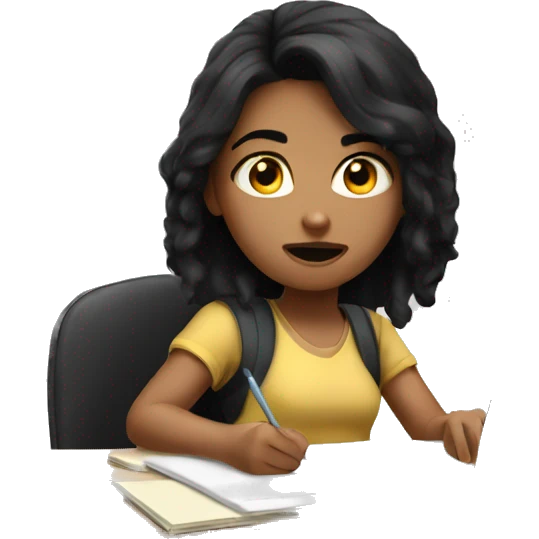 Girl with black hair doing homework nervous emoji