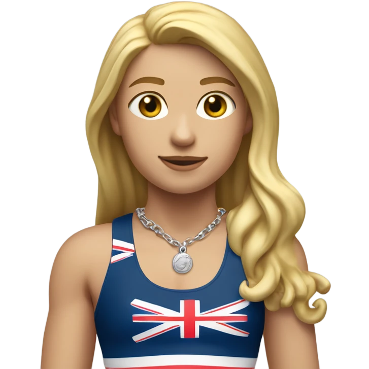 A girl with long blonde hair with wide shoulders wearing a Great Britain rowing swimming suit and has small muscles and add a necklace that has a sea shell pendant on it. The necklace is around the neck and the pendant is on her chest emoji