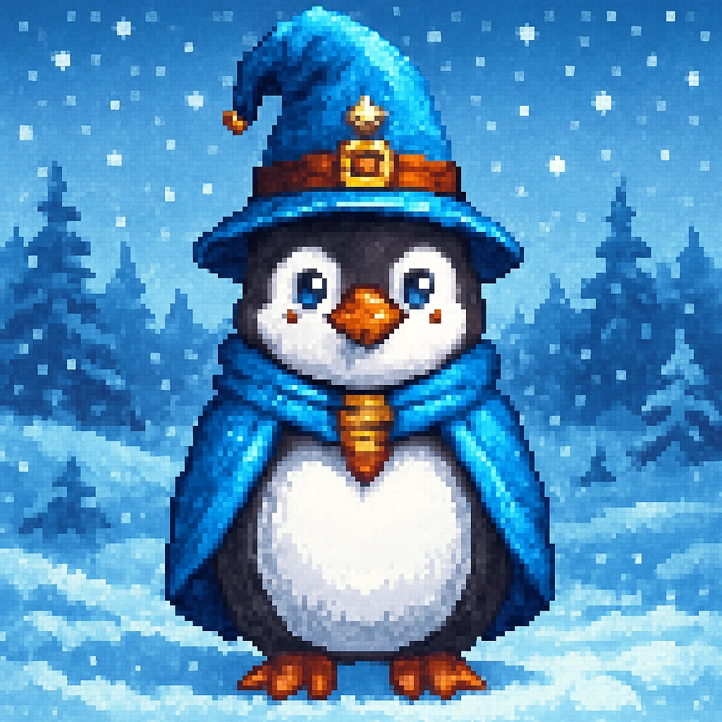 Make a snowy landscape background behind the penguin wizard, keep all original colours and lighting in pixel art style emoji