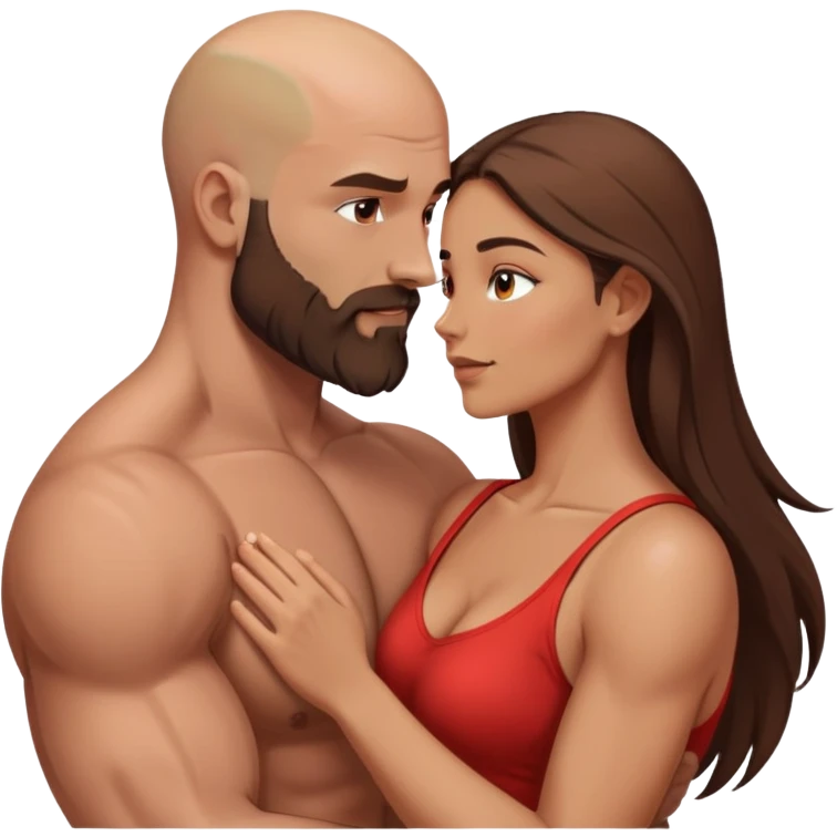 intimate moment between lovers muscular bald man brown beard, beautiful long hair woman emoji