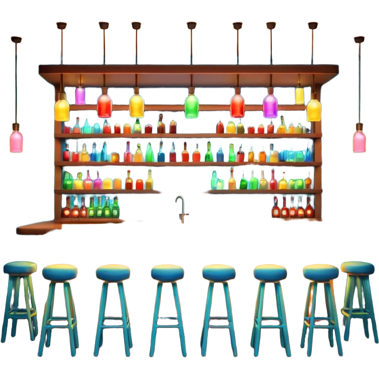 A 3D cartoon bar interior with a counter, glowing shelves of colorful bottles, tall stools, and hanging lights, warm ambient lighting, realistic reflections, Memoji-style. emoji