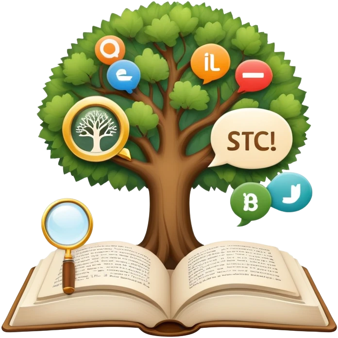 An icon featuring an open book, a speech bubble, and a linguistic tree, symbolizing philology and linguistics. The design includes alphabets, language symbols, and a magnifying glass, representing the study of language, structure, and meaning. Transparent background emoji