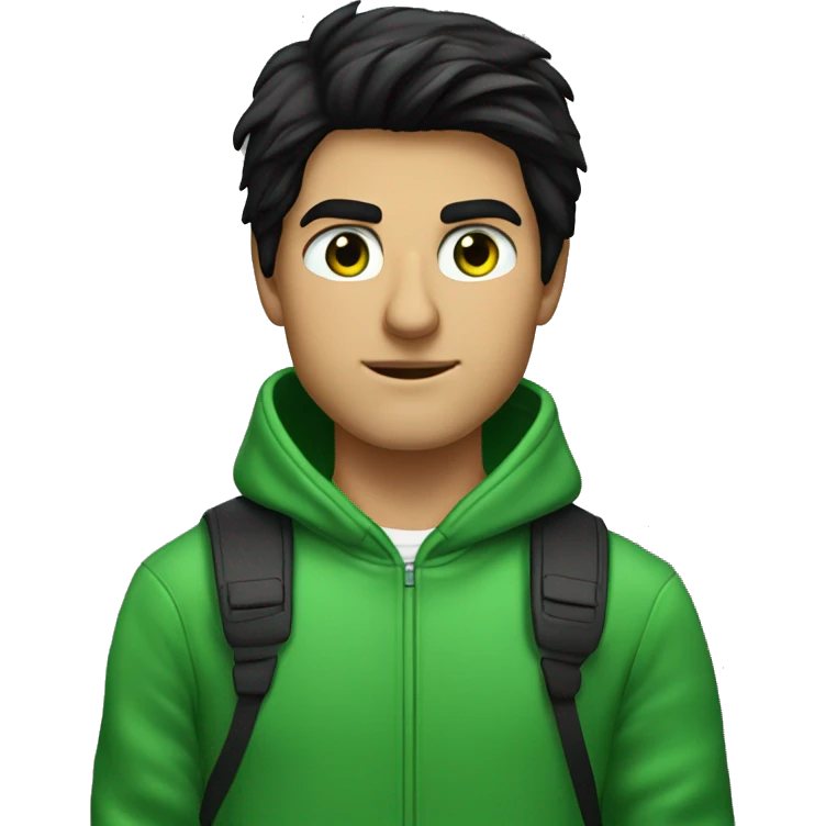 A young man with black hair, a Tom Cruise hairstyle, and green eyes. Wearing a green hoodie. Programmer emoji