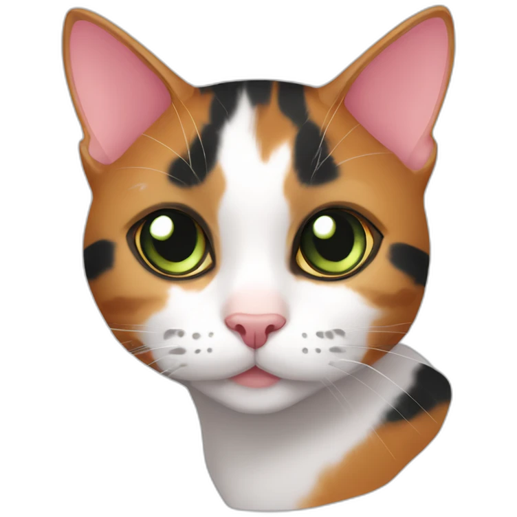 young striped calico cat face with a pink nose, white chin, green eyes, and orange/brown markings, orange tip on one ear emoji