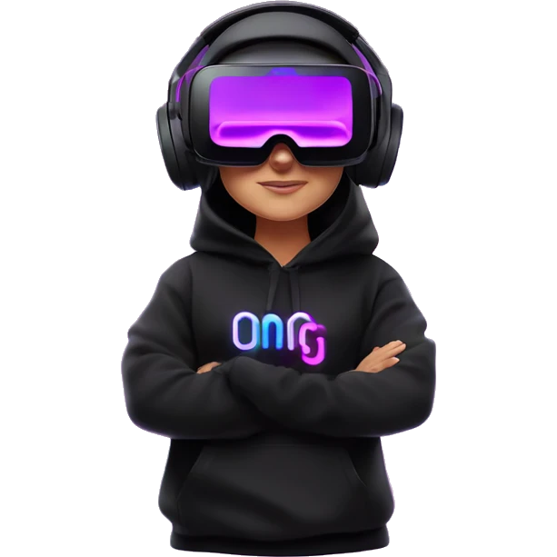 Russian girl wearing black hoody with violet letters "OMG", in vr headset oculus quest2. Standing like jedi. Cyberpunk style. Violet neon. emoji
