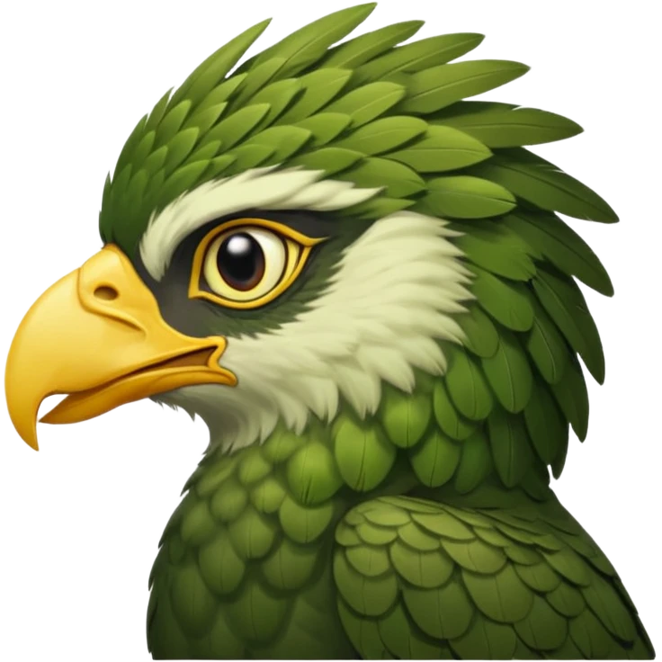 close up looking at the side profile of the face of a green hawk that is looking away from the camera emoji