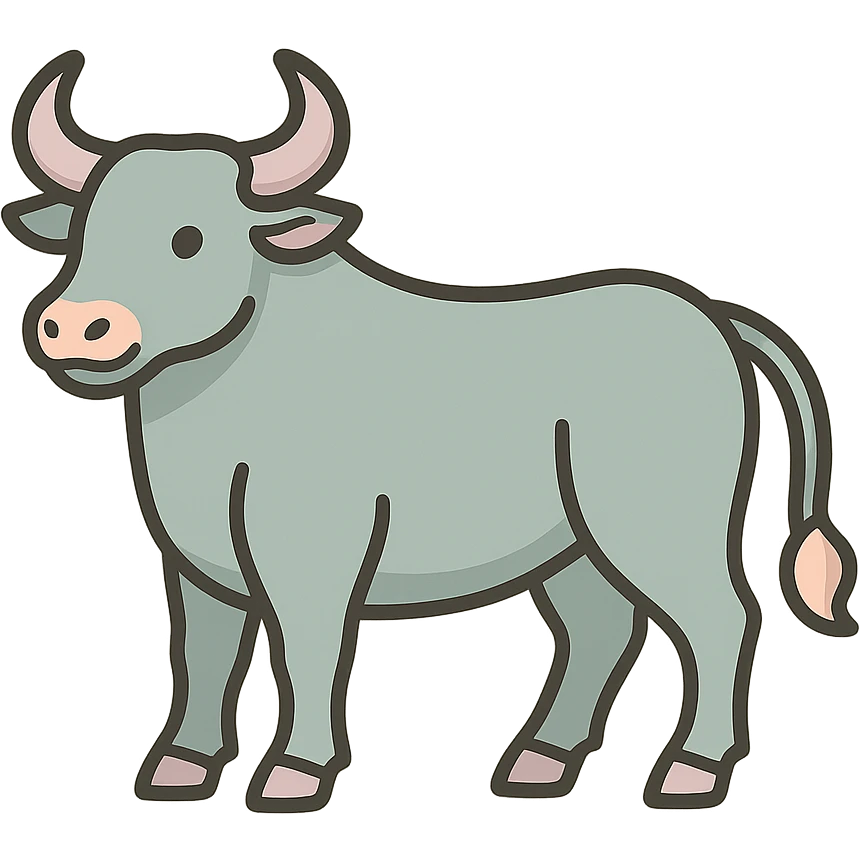 Create an icon-color-outlined style illustration of an ox as the symbol of the year according to Feng Shui, in a Chinese Eastern style. Use thin, clean contours and soft rounded shapes. Apply a pastel palette with colors #98B5BC, #B5B3C1, #C9A3C9, #E4C0CA, #F7DCD1, #F7C0AA. Include detailed shadows and highlights with soft lighting. The background should be transparent. The style should be less cute and without decorative elements. The silhouette and appearance should match the provided reference. emoji