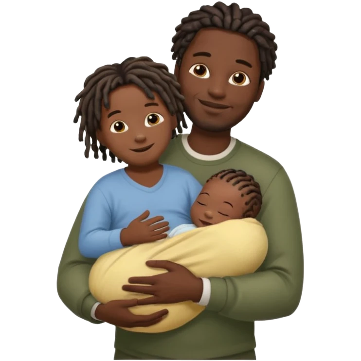 Happy African very dark black skinDad with short dread locs, with his newborn in arm,faceless brown skin baby in arm emoji