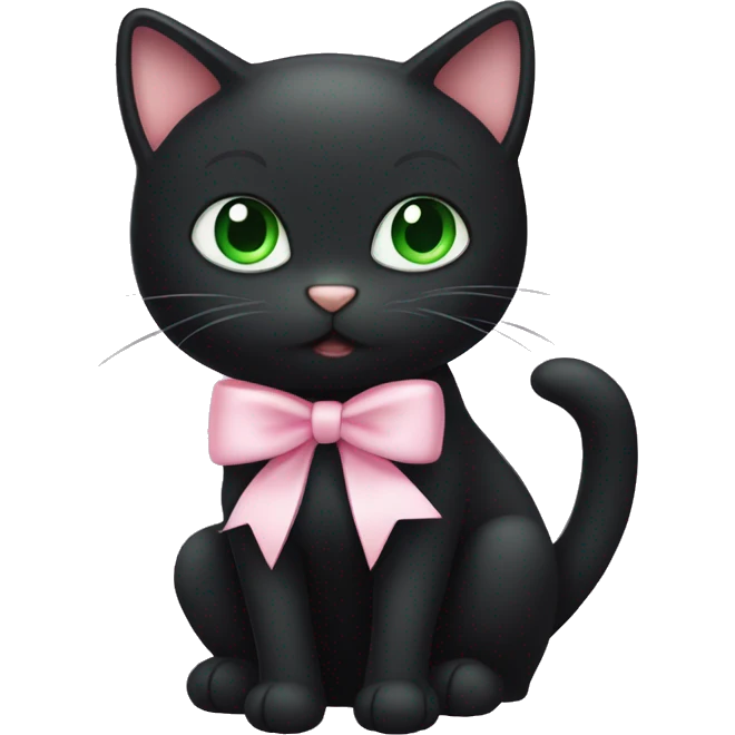 black cat with green eyes with a babypink bow on its tail emoji
