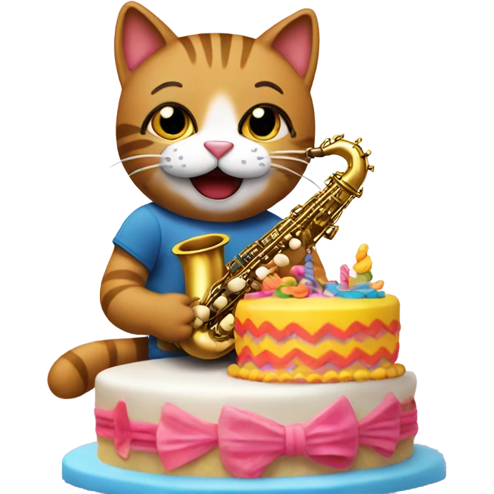 Cat playing saxophone with a birthday cake emoji