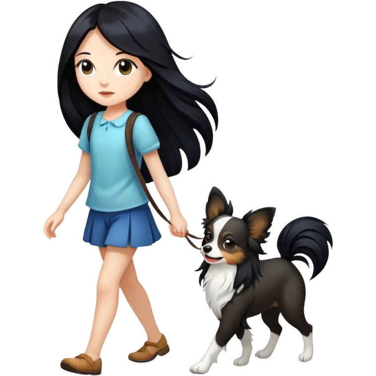 A girl with long black hair walking a papillon emoji