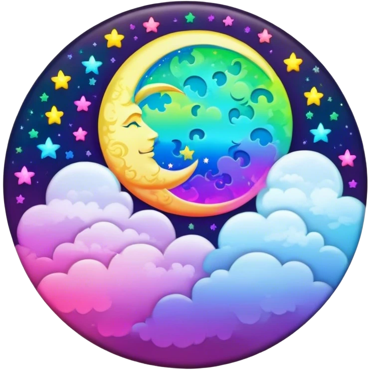 Beveled button with Neon rainbow colored damask style full moon with stars and clouds in the center emoji