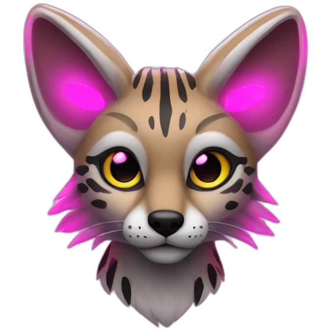 Coyote ocelot with grey and black fur and phoenix wings and pink ears, neon lights emoji