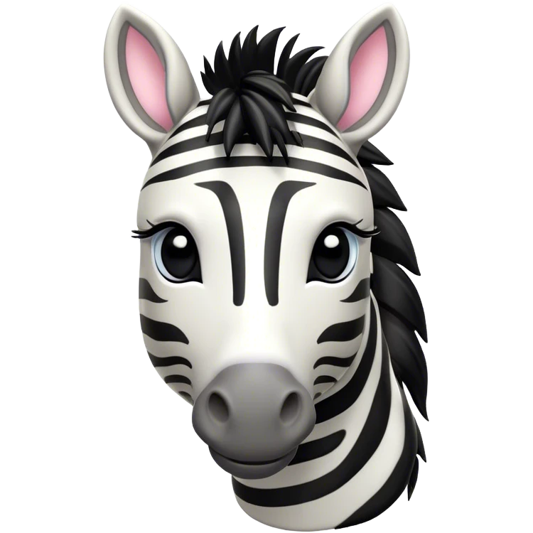 Cinematic Cute Zebra Portrait Emoji, Head tilted playfully and inquisitively, featuring a glossy, intricately striped fur of black and white, a refined, horse-like head with a long snout and alert ears, and round, sparkling eyes filled with curious wonder, Simplified yet irresistibly adorable features, highly detailed, glowing with a warm, friendly glow, high shine, affectionate and spirited, stylized with a touch of savannah whimsy, bright and endearing, soft glowing outline, capturing the essence of a mischievous yet loving zebra that feels like it could prance out of the screen and into your arms! emoji