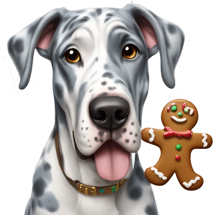 Blue Merle Great Dane eating gingerbread man emoji