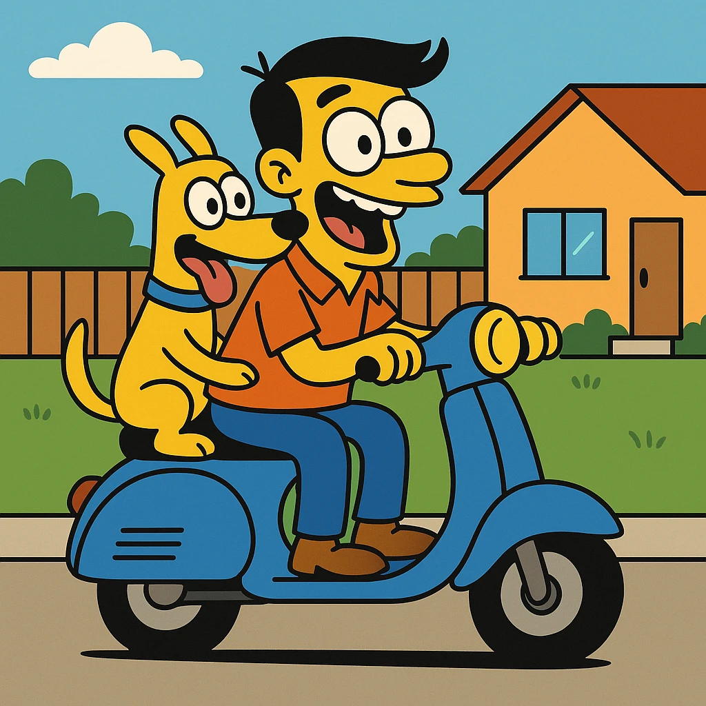 man and his pet dog riding a vespa emoji