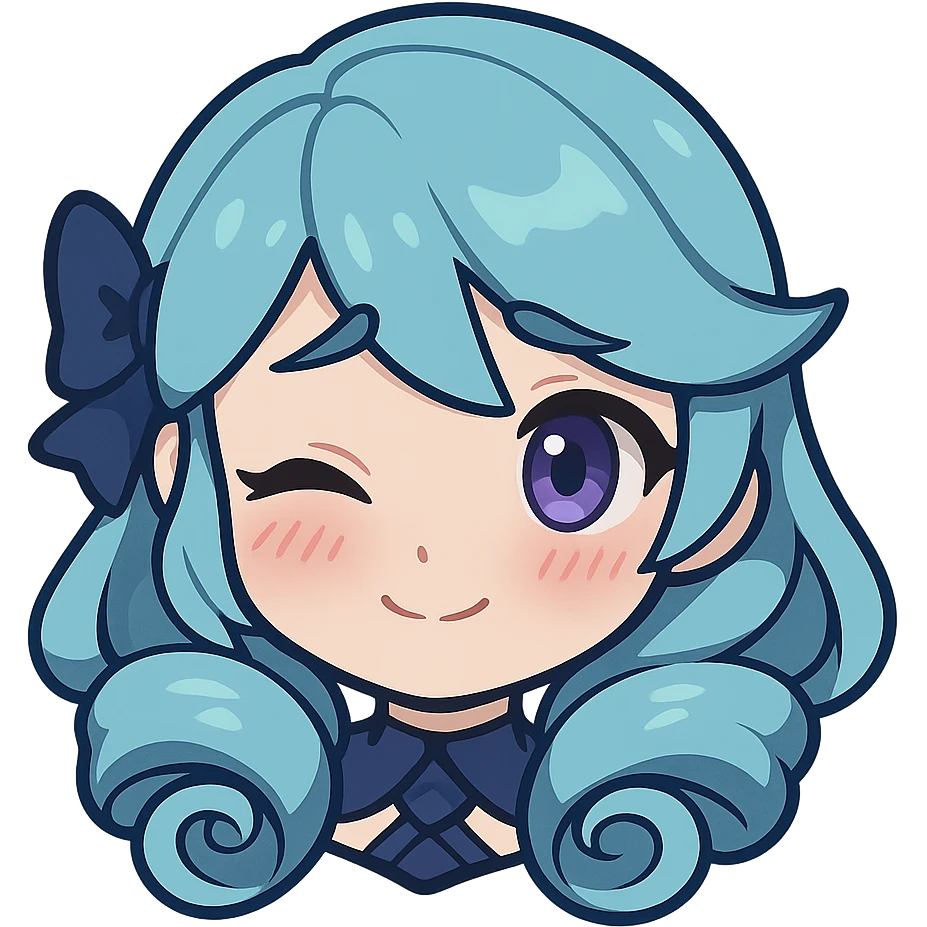 Gwen from League of Legends, chibi emote style, only head visible, right eye purple, shy expression, small smile, cute and expressive emoji