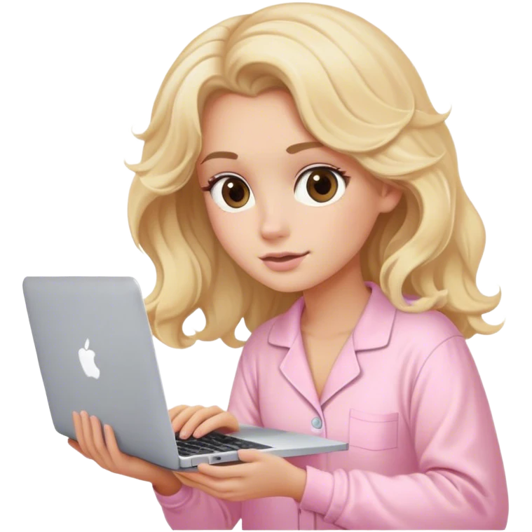 Blonde model with brown eyes, wavy hair, pastel pink pajamas, typing behind MacBook  emoji