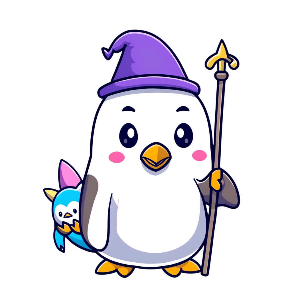 penguin wizard with a staff and hat, surrounded by a small dragon, fairy, and unicorn, colorful fantasy landscape with a castle emoji