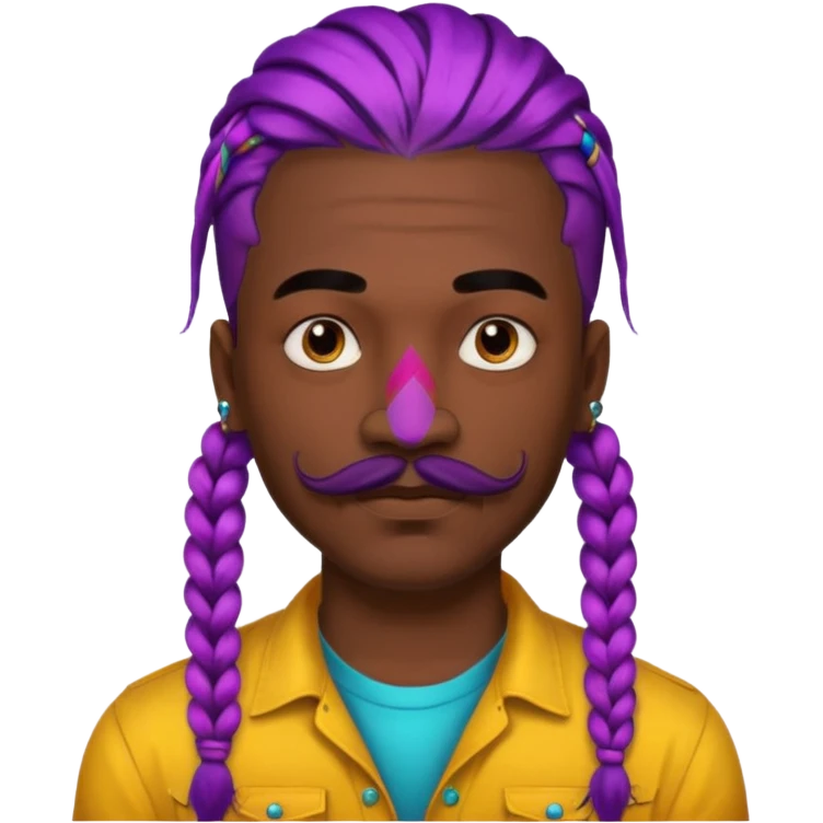 big lose braids starting from the top of the head man with mustache face wiith big visible loose only two braids and lots and lots of colored face tattoos colored tattoos like a tattoo artist hair unique color emoji