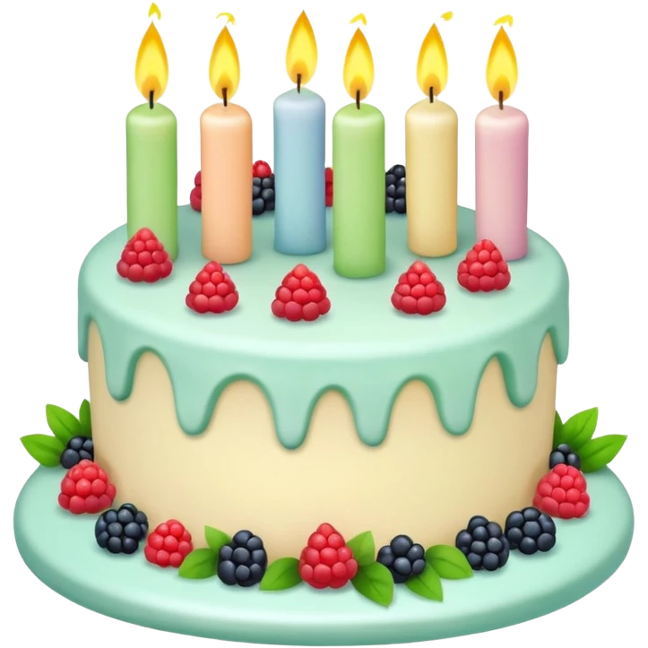 Pastel birthday cake with berries, leaves and candles  emoji