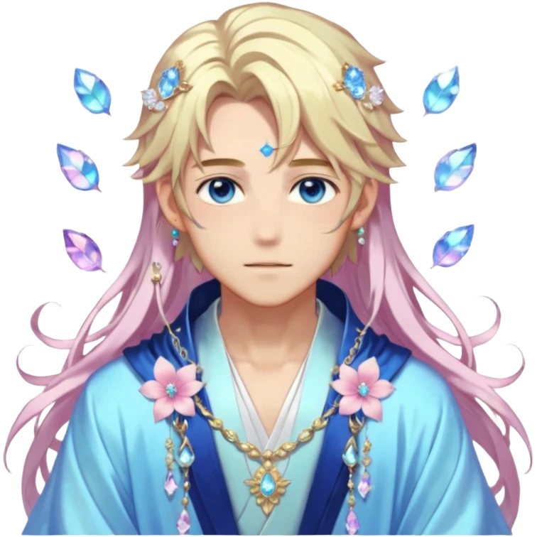 Beautiful gorgeous blushing blue-eyed youthful elegant handsome anime guy with beautiful iridescent-special-medium-long-hair, fashion aesthetic, ethereal, fairycore, pastelcore, flower petals, crystals, layered robes, accessories, jewelries, gold, colorful, shiny, trending style, outside emoji