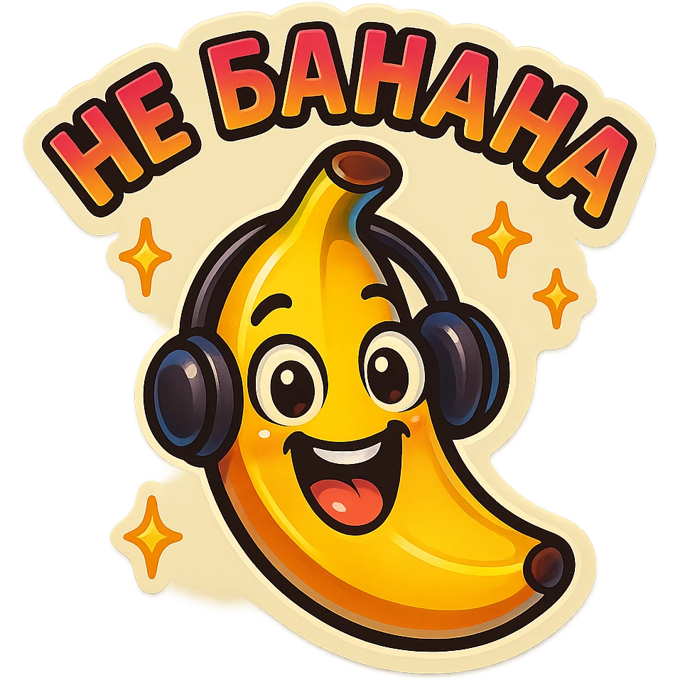 Funny cartoon banana, big happy smiling face, wearing tiny headphones, wide excited eyes, tiny sparkles around, text above: "НЕ БАНАНА ", chibi style, Twitch emoji style, colorful, transparent background emoji