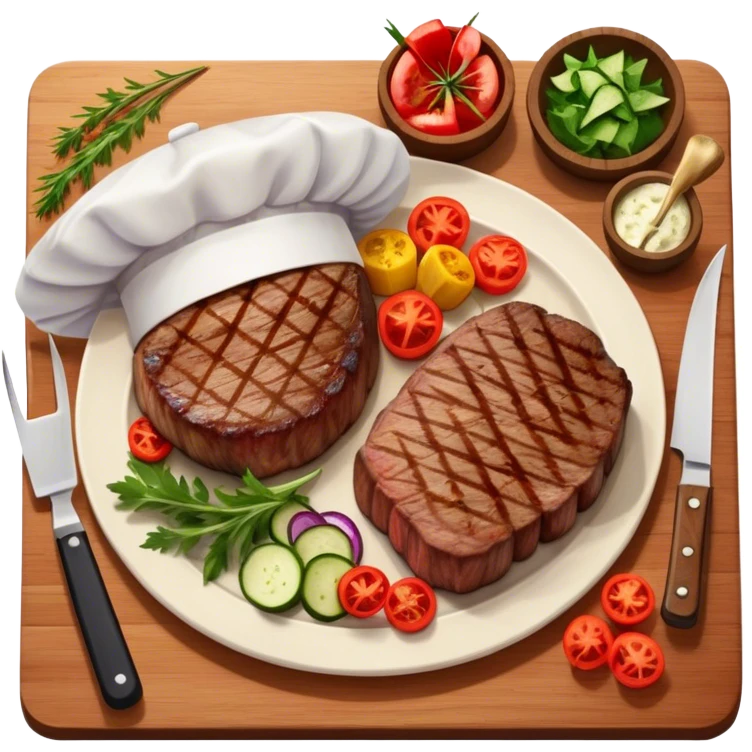 icon featuring a chef’s hat, a cutting board with fresh ingredients, a knife, a beautifully cooked ribeye steak, shashlik skewers, and a plate of food in the making. The design captures the passion of cooking with warm, inviting colors, and realistic textures. Transparent background. emoji