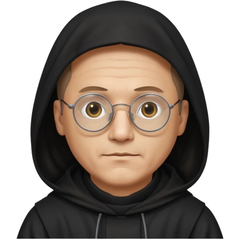 Monk priest prayer black habit with hood round black glasses done light brown wavy hair under hood remove the medallion smaller more round glassed age 46 remove necklace thinner or more oval face  emoji