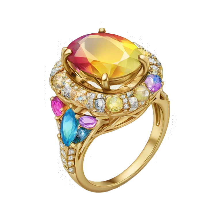 Gold engagement ring with colorful stone emoji