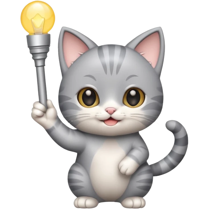 chibi cute gray cat waving holding a light stick emoji