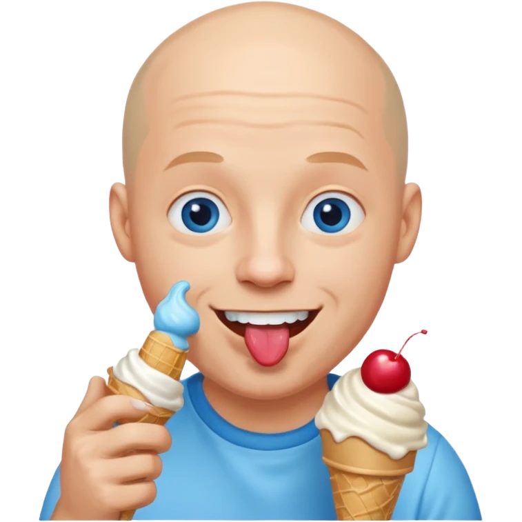 Smiling Bald man with blue eyes shoving ice cream in his mouth emoji