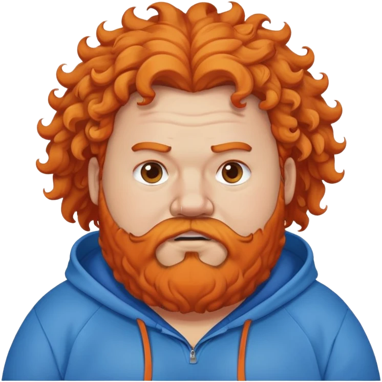 A fat guy who is wearing a blue hoodie and orange curly beard and hair mad emoji