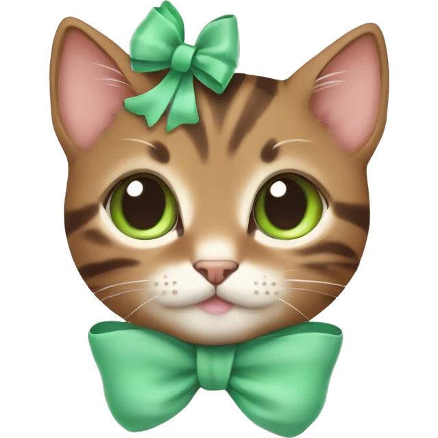 kawaii brown tabby kitten with green eyes and pastel green bow on top of head emoji