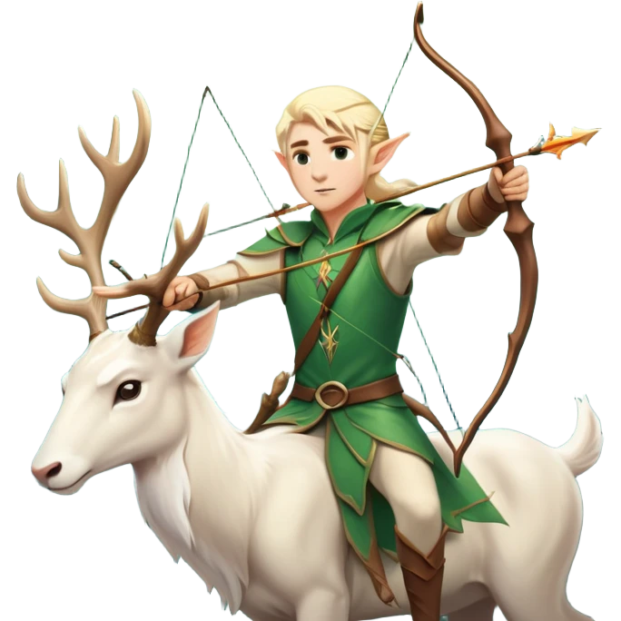 clash-of-clans-aesthetic-blond-male elf-archer-portrait-emoji, rendered in a flat, vector-style with minimal shading and bold holding his bow, simplified shapes, head tilted slightly forward with a determined, focused expression, riding a majestic white stag whose antlers glow with mystical energy, set against an ancient, enchanted forest backdrop. emoji