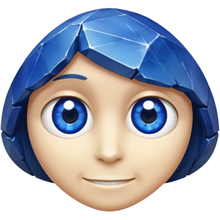 A single sapphire-blue faceted rock head, chunky and worn, with a few visible cracks and chipped facets but still shiny, big kind eyes and a confident smile emoji