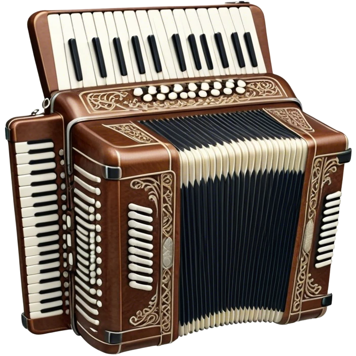 Cinematic Realistic image of a classic accordion, rendered with finely detailed textures and intricate keywork, set against a backdrop of soft, ambient lighting that highlights its vintage charm emoji
