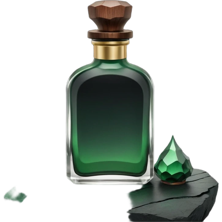 A masculine fragrance bottle featuring a gradient of deep forest green to charred black glass. The cap is made of dark walnut wood. The bottle is placed on a jagged piece of slate rock with a faint mist in the background. Earthy, moody, textured, photorealistic. emoji