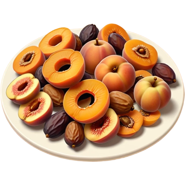 assorted dried fruits apricots figs dates raisins apple rings arranged together, realistic textures, warm tones, slight wrinkling, 3D-rendered, clean minimalist, soft shadows, gentle highlights, no anthropomorphic features, no bowl or tray, transparent background, emoji scale emoji