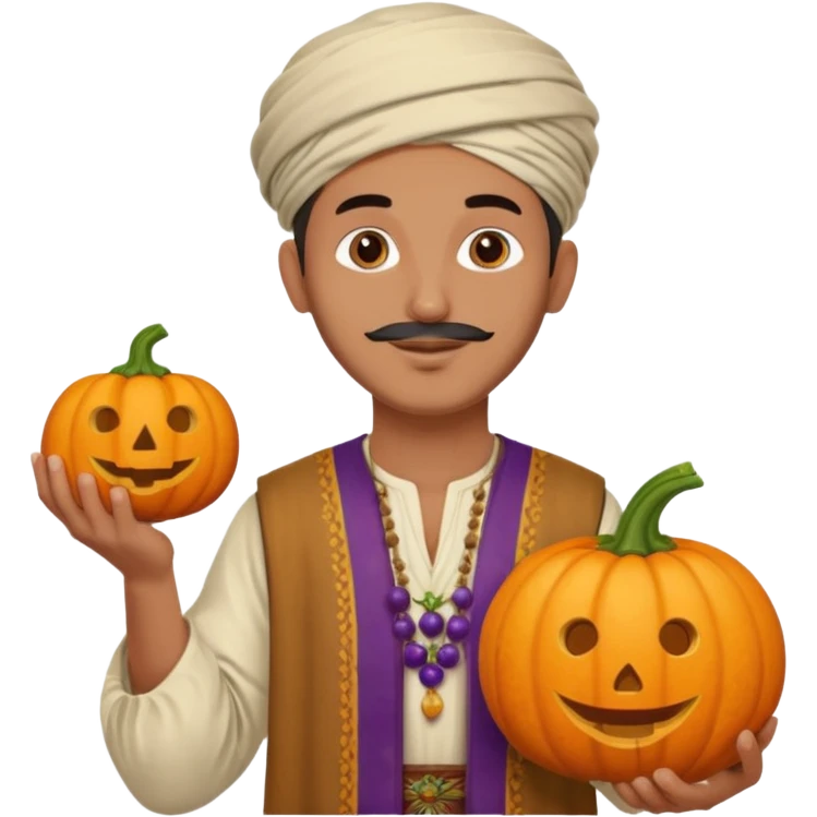 Tan Moroccan man sitting holding with pumpkin and grapes in countryside  emoji